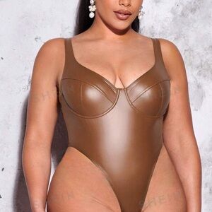 New Plus Solid PU Leather High-cut Bodysuit